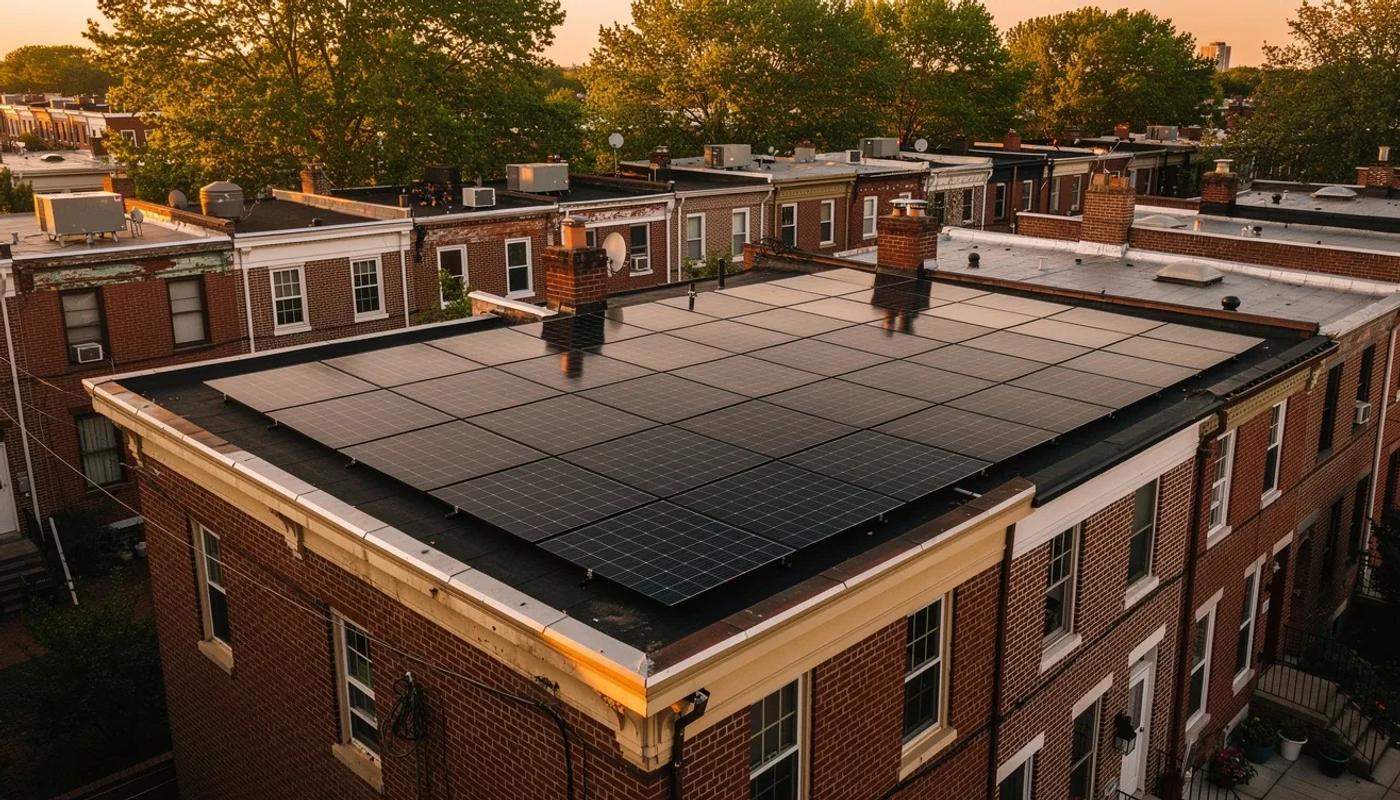 Rooftop solar panels on a DC row house with the Capitol dome visible in the background, illustrating solar carbon offset in Washington DC