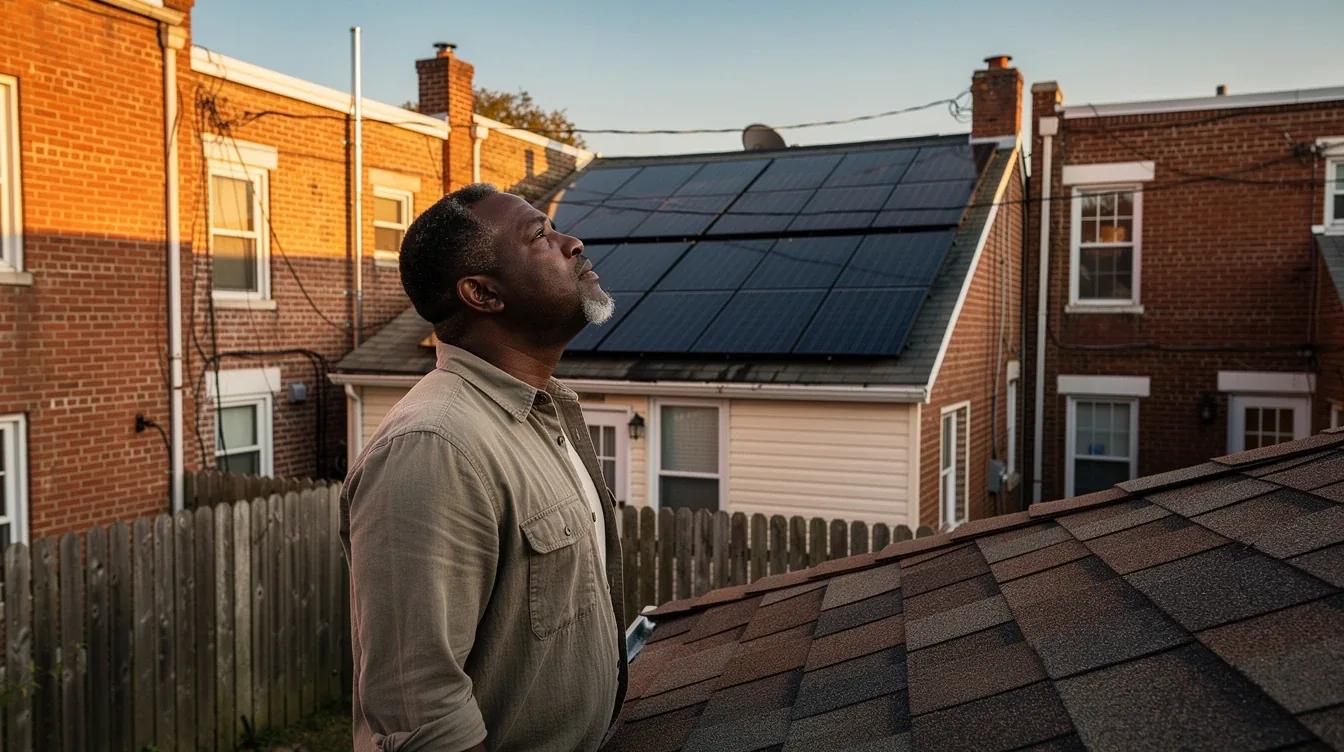 DC row house rooftop with solar panels visible from a rear yard, contrasting with a bare neighboring rooftop