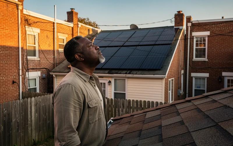 DC row house rooftop with solar panels visible from a rear yard, contrasting with a bare neighboring rooftop