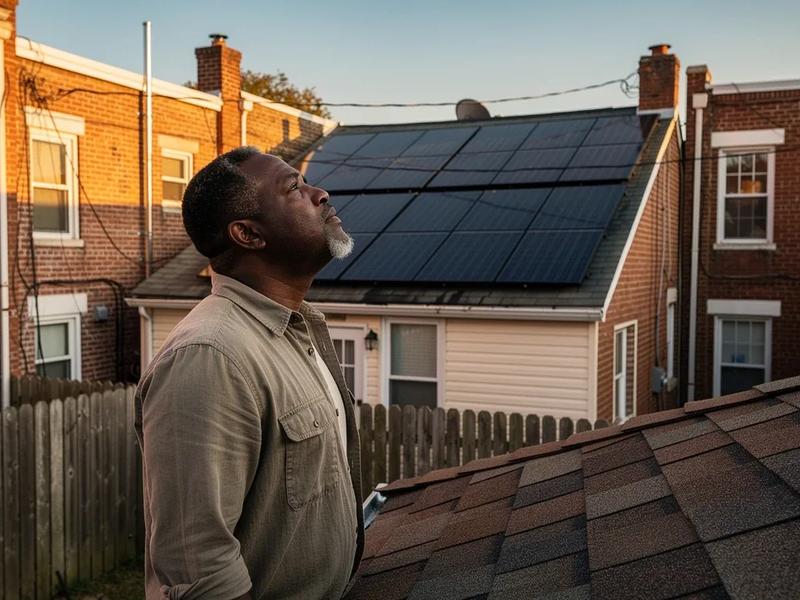 DC row house rooftop with solar panels visible from a rear yard, contrasting with a bare neighboring rooftop