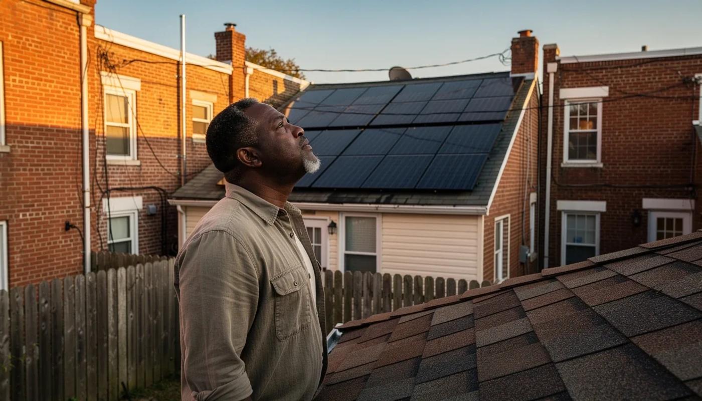 DC row house rooftop with solar panels visible from a rear yard, contrasting with a bare neighboring rooftop