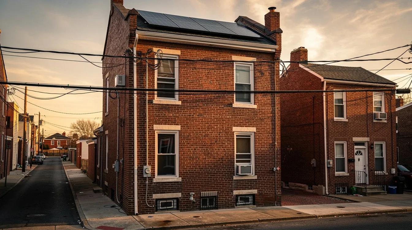 Solar panels on a DC row house roof with Pepco utility lines visible in the background, representing energy companies near me in Washington DC