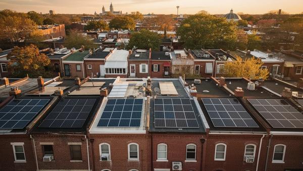 Aerial view of DC residential neighborhood with solar panels on row house rooftops, illustrating DC solar permit process