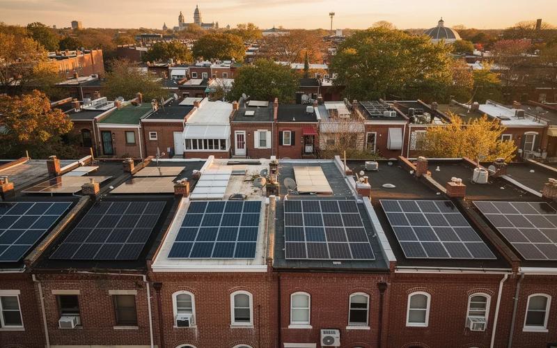 Aerial view of DC residential neighborhood with solar panels on row house rooftops, illustrating DC solar permit process