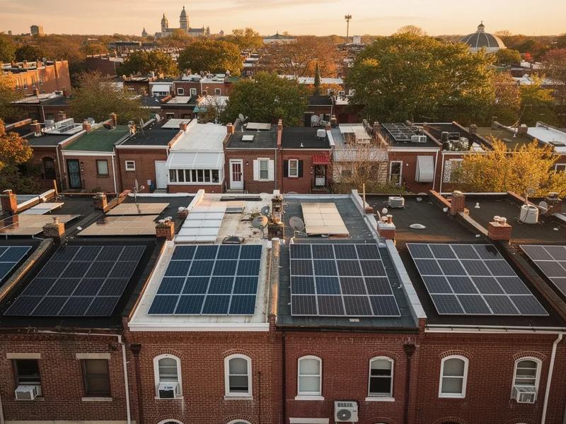 Aerial view of DC residential neighborhood with solar panels on row house rooftops, illustrating DC solar permit process