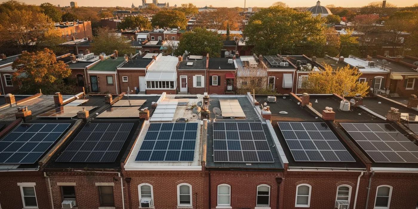 Aerial view of DC residential neighborhood with solar panels on row house rooftops, illustrating DC solar permit process