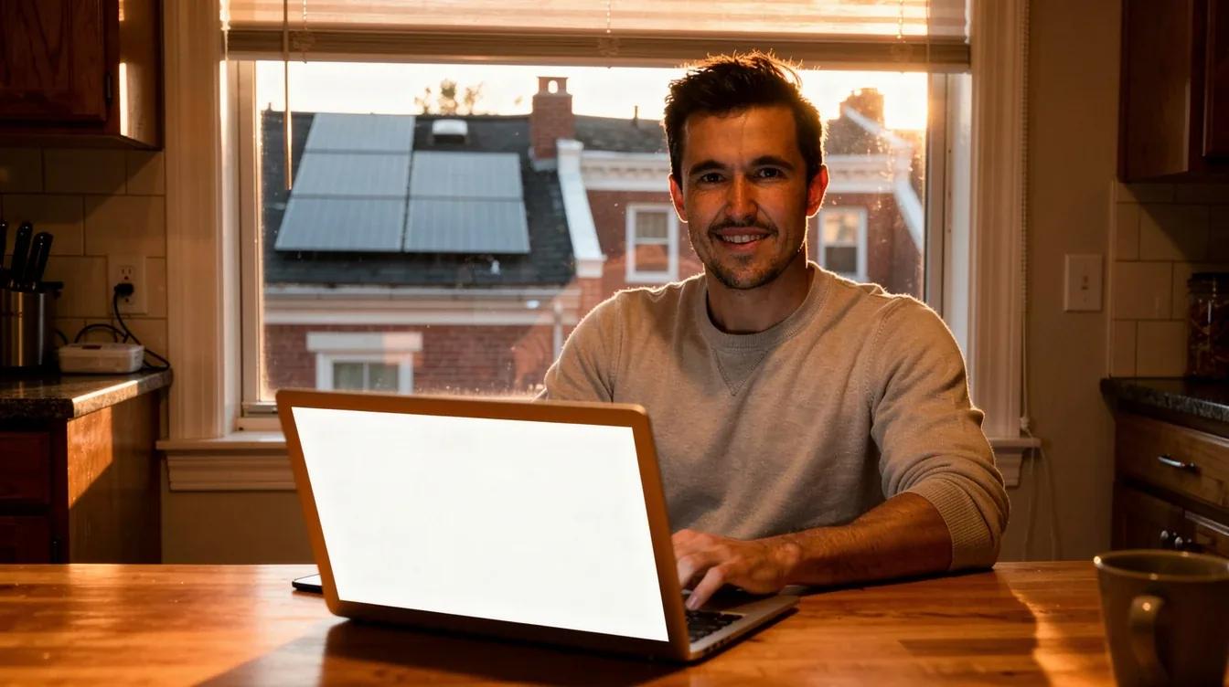 DC homeowner reviewing solar panel production data on a laptop after installation, with rooftop panels visible through a window