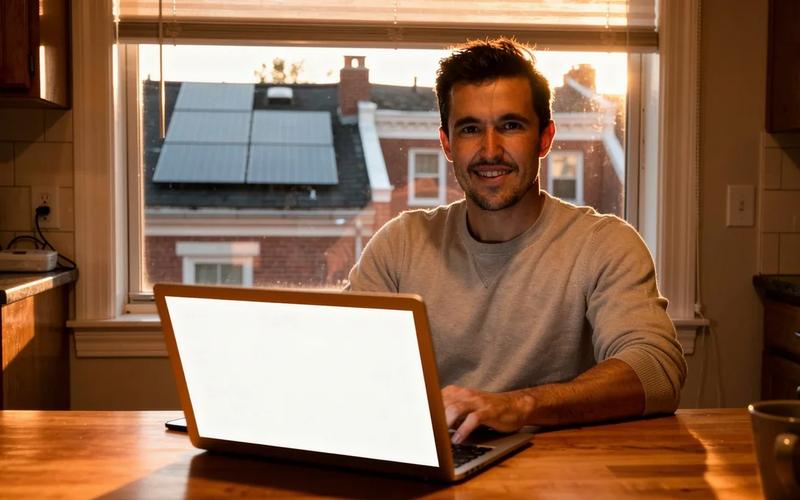 DC homeowner reviewing solar panel production data on a laptop after installation, with rooftop panels visible through a window