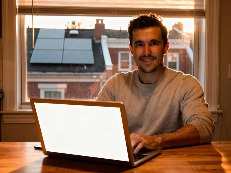 DC homeowner reviewing solar panel production data on a laptop after installation, with rooftop panels visible through a window