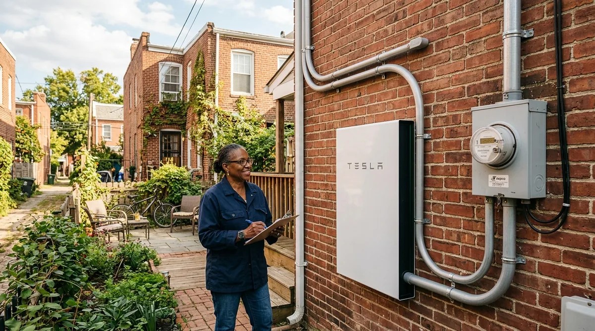 Home battery system installed on exterior wall of DC row house with Pepco meter