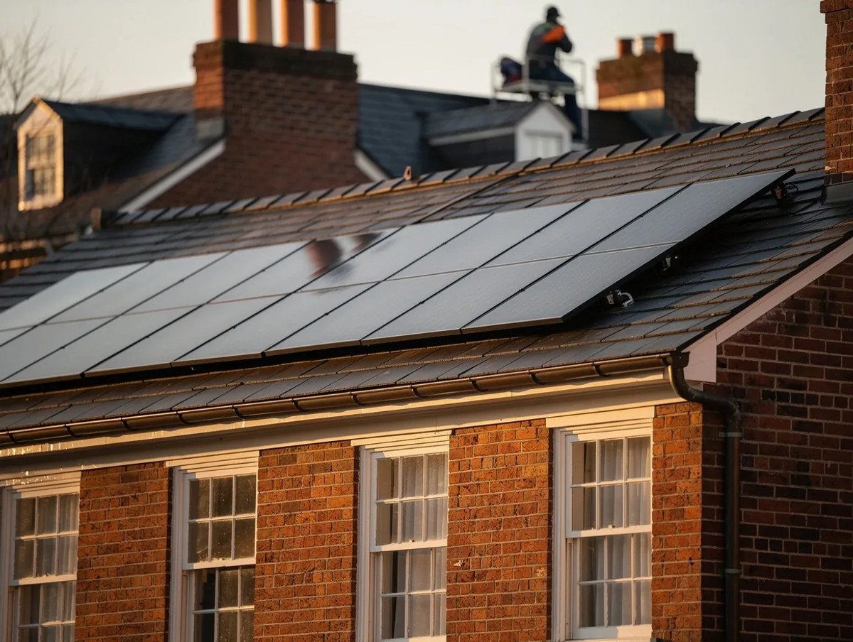 Low-profile black solar panels on the rear slope of a Georgetown historic row house