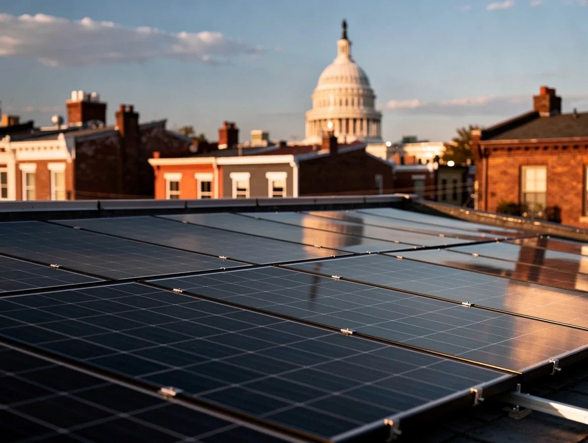 Solar panels on DC row house rooftop with Capitol dome visible in background