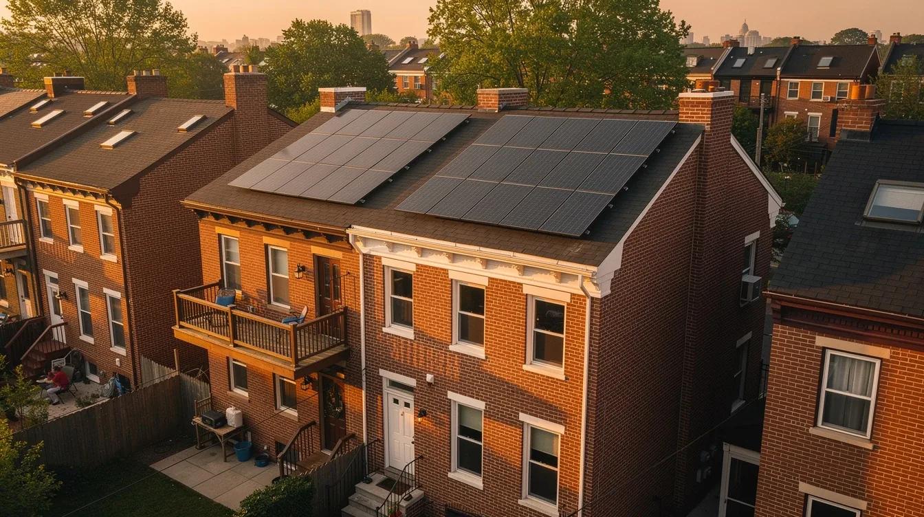 Solar panels on a Washington DC rowhouse roof with Capitol Hill neighborhood visible in the background