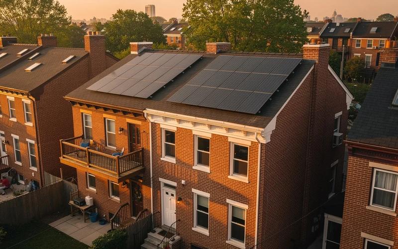 Solar panels on a Washington DC rowhouse roof with Capitol Hill neighborhood visible in the background