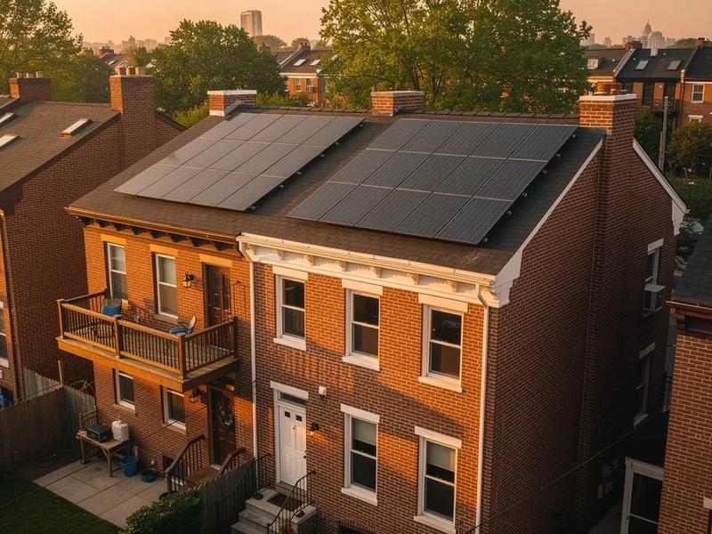 Solar panels on a Washington DC rowhouse roof with Capitol Hill neighborhood visible in the background