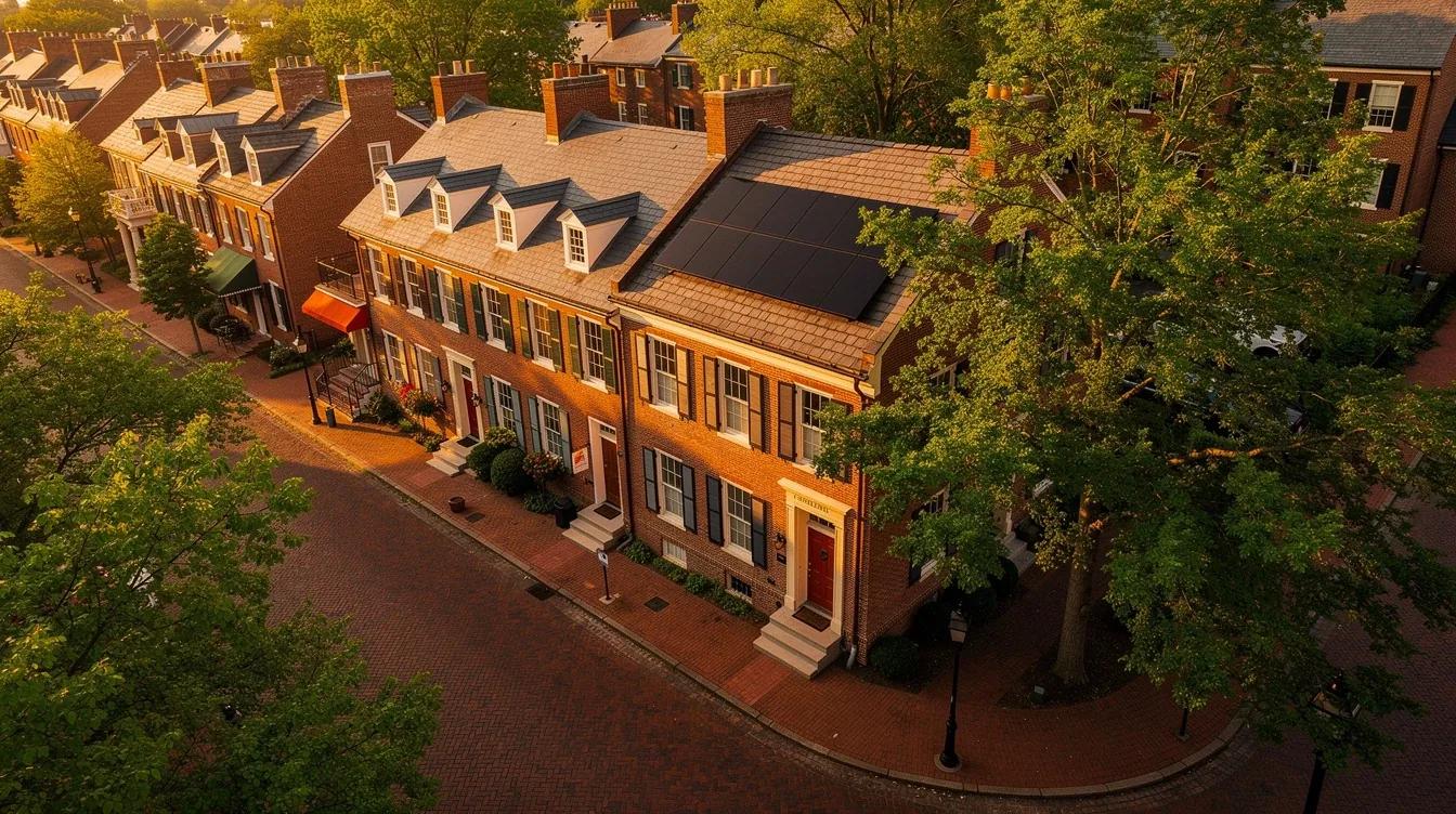 Historic Georgetown DC row house with discreet solar panels on the rear roof slope