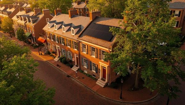 Historic Georgetown DC row house with discreet solar panels on the rear roof slope