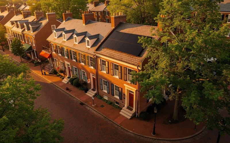 Historic Georgetown DC row house with discreet solar panels on the rear roof slope