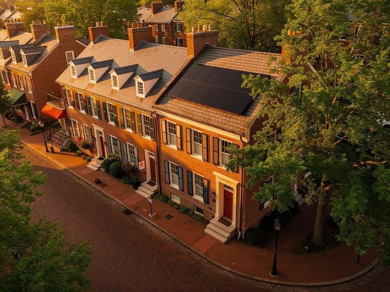 Historic Georgetown DC row house with discreet solar panels on the rear roof slope