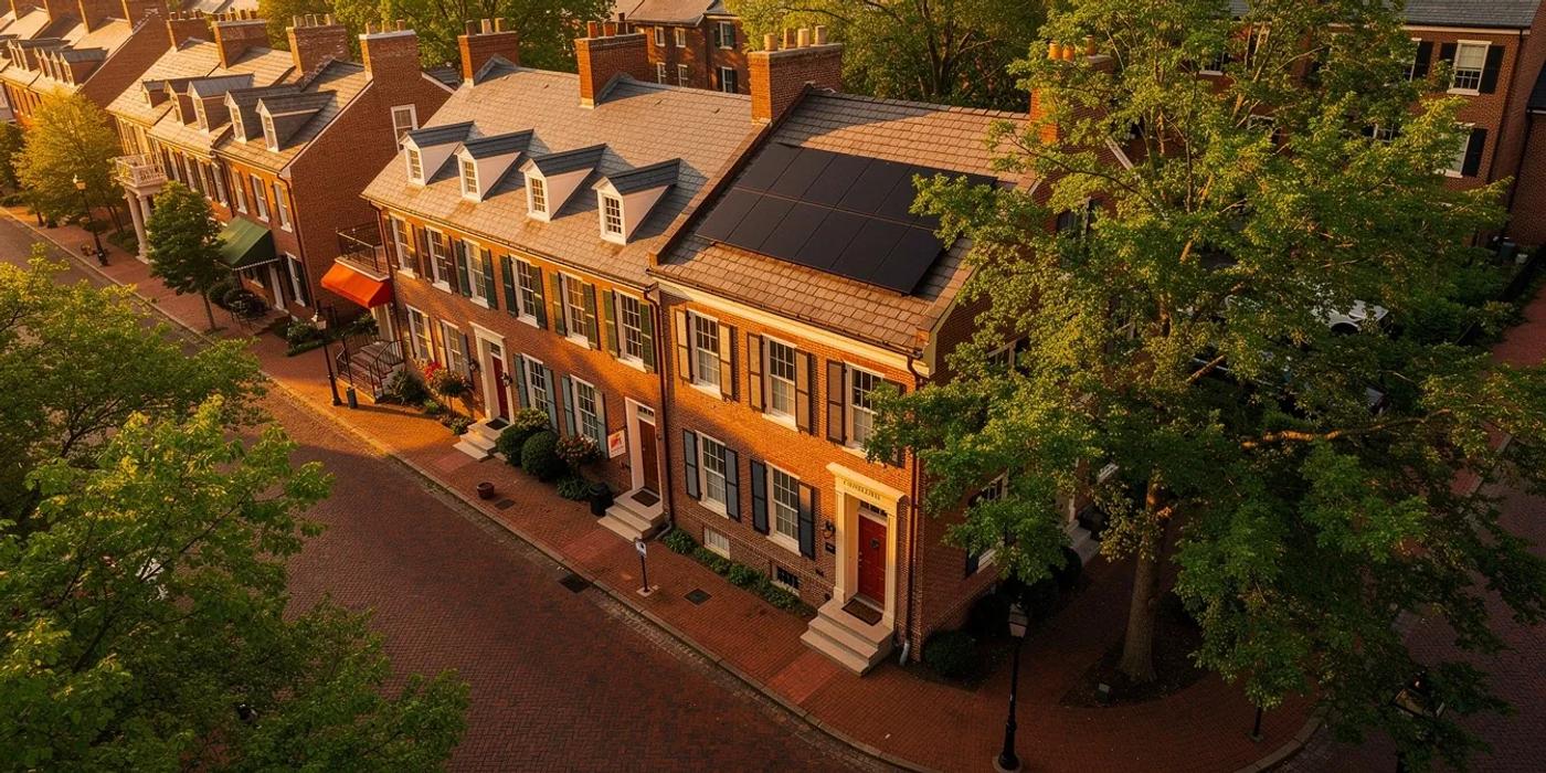 Historic Georgetown DC row house with discreet solar panels on the rear roof slope