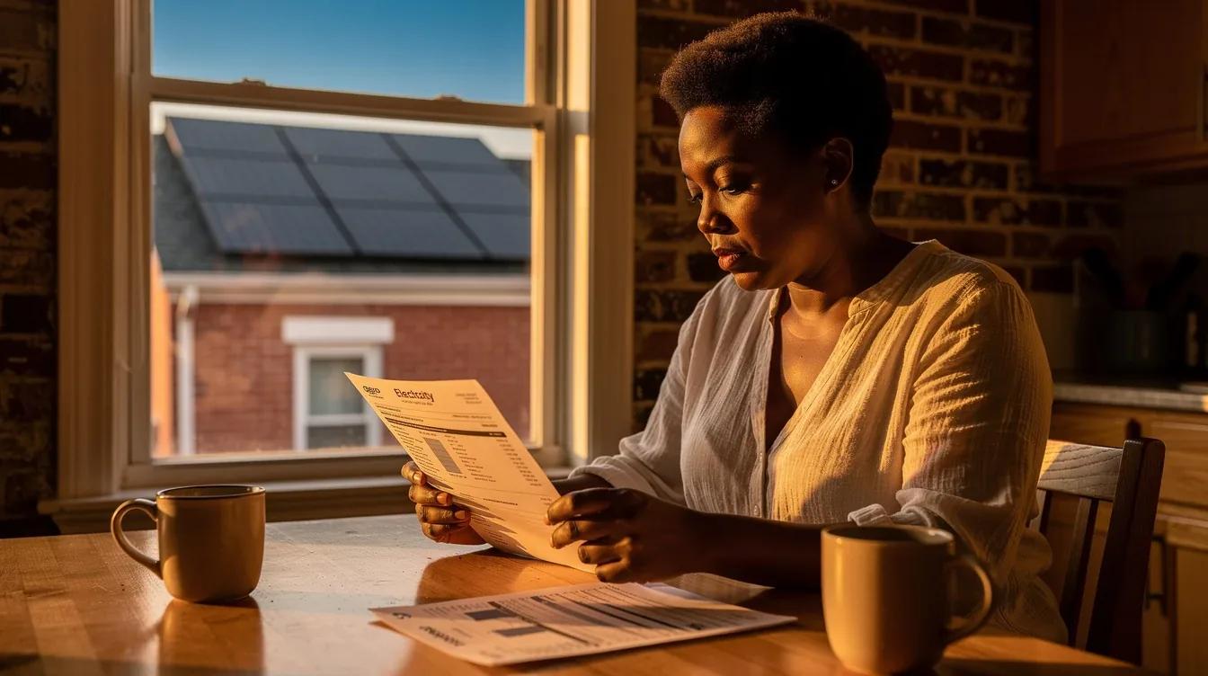 DC homeowner reviewing net metering credits on a Pepco bill at a kitchen table in a Brightwood row house