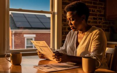 DC homeowner reviewing net metering credits on a Pepco bill at a kitchen table in a Brightwood row house