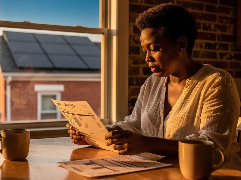 DC homeowner reviewing net metering credits on a Pepco bill at a kitchen table in a Brightwood row house