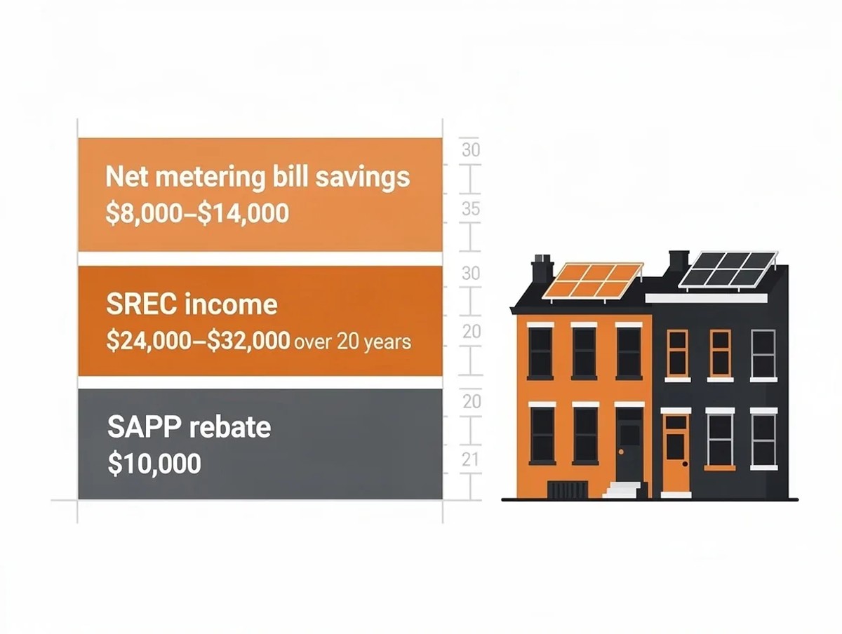 Infographic showing stacked solar savings from SAPP rebate, SREC income, and net metering for DC homeowners
