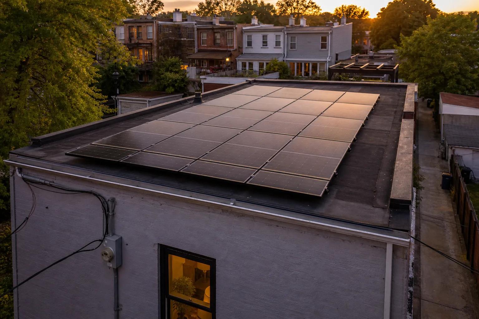 Flat-roof DC rowhouse solar array with light pollen banding and Pepco meter—solar panel maintenance and monitoring services in Washington DC area