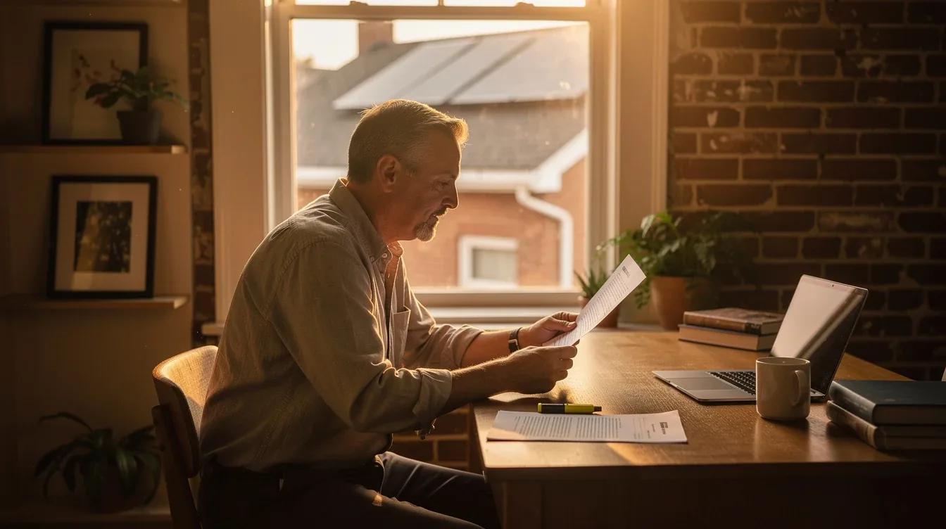DC homeowner reviewing solar lease contract documents at a desk with rooftop solar panels visible through the window