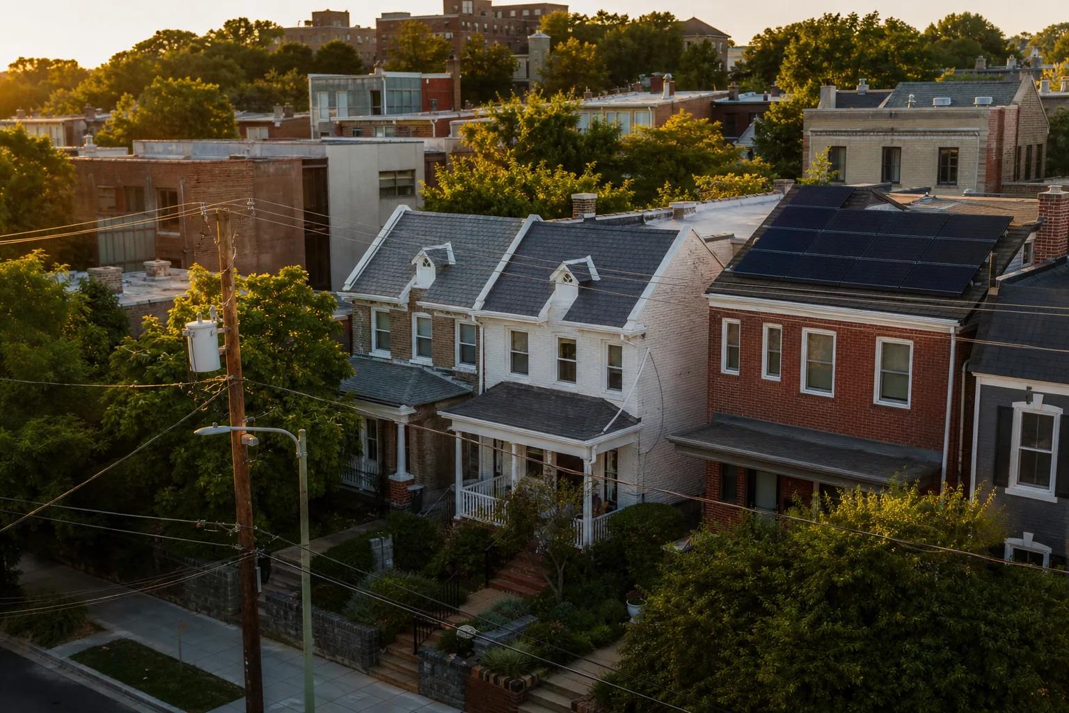 Washington, DC gable roofs with solar panels in view; guide to Tesla Roof solar shingles alternatives in 2026