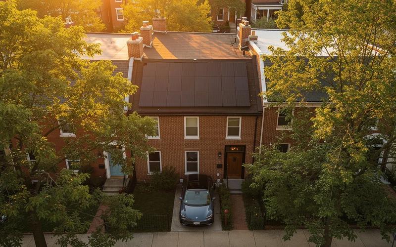 Solar panels on a DC row house roof with an electric vehicle parked in the driveway below