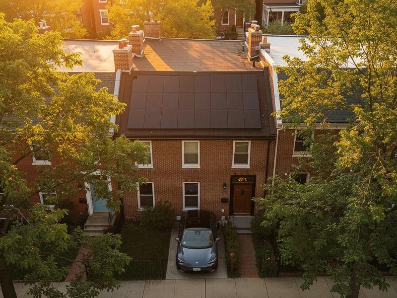 Solar panels on a DC row house roof with an electric vehicle parked in the driveway below