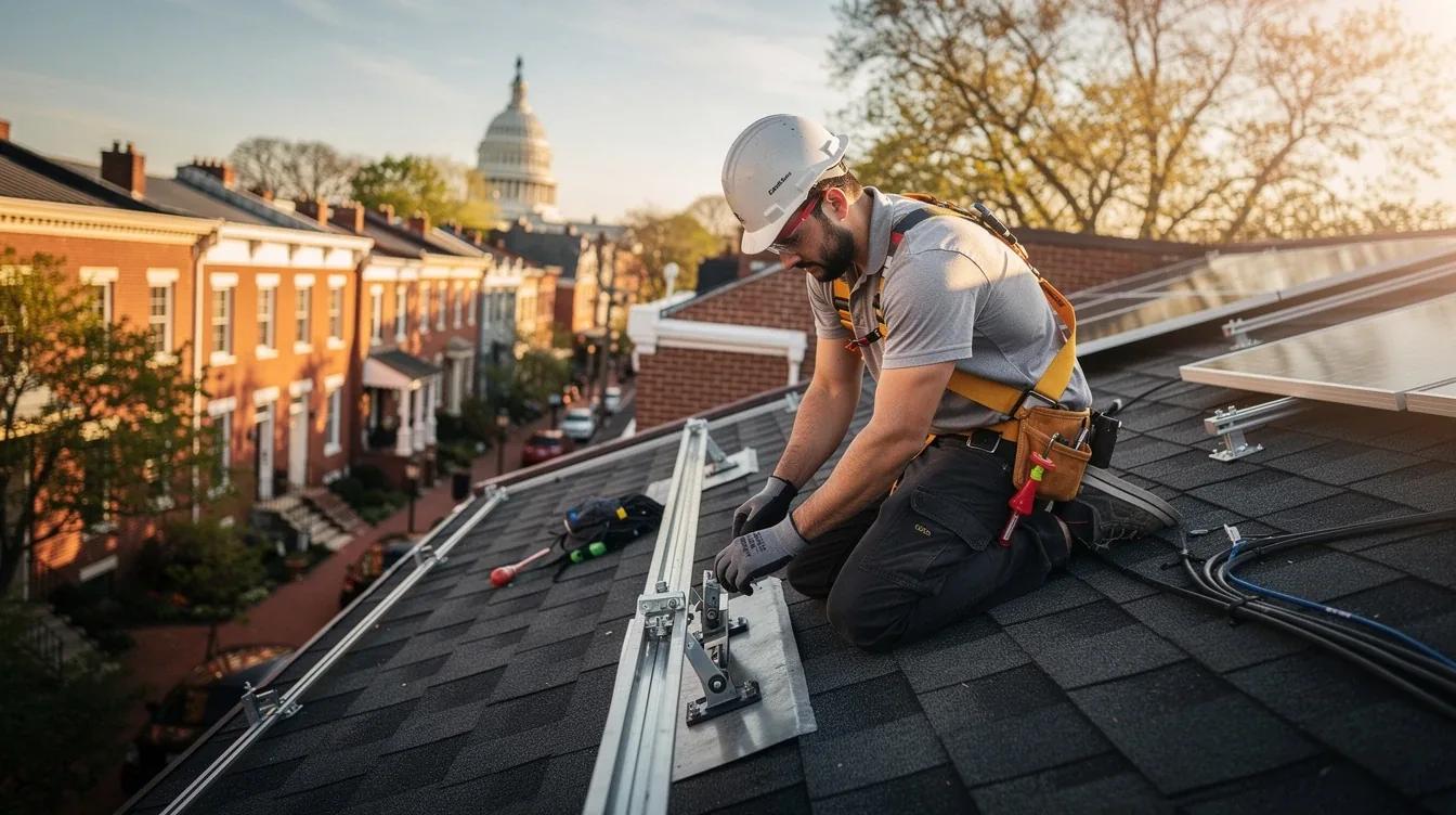 Solar installer on a DC rowhouse roof checking racking flashing during installation