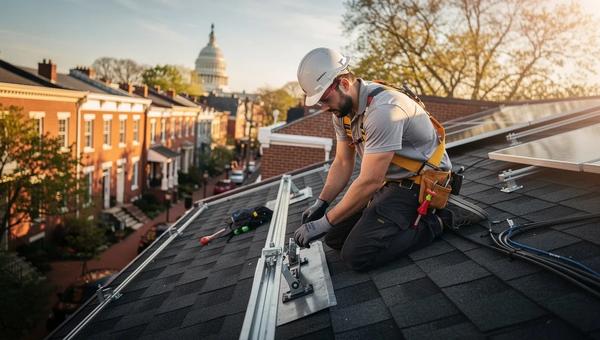 Solar installer on a DC rowhouse roof checking racking flashing during installation