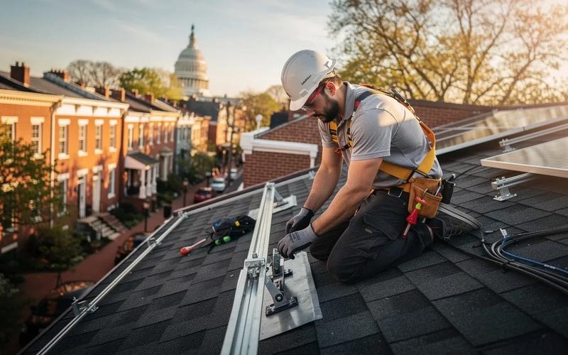 Solar installer on a DC rowhouse roof checking racking flashing during installation