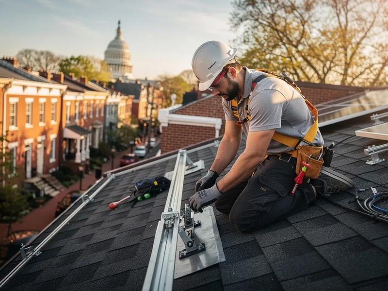 Solar installer on a DC rowhouse roof checking racking flashing during installation