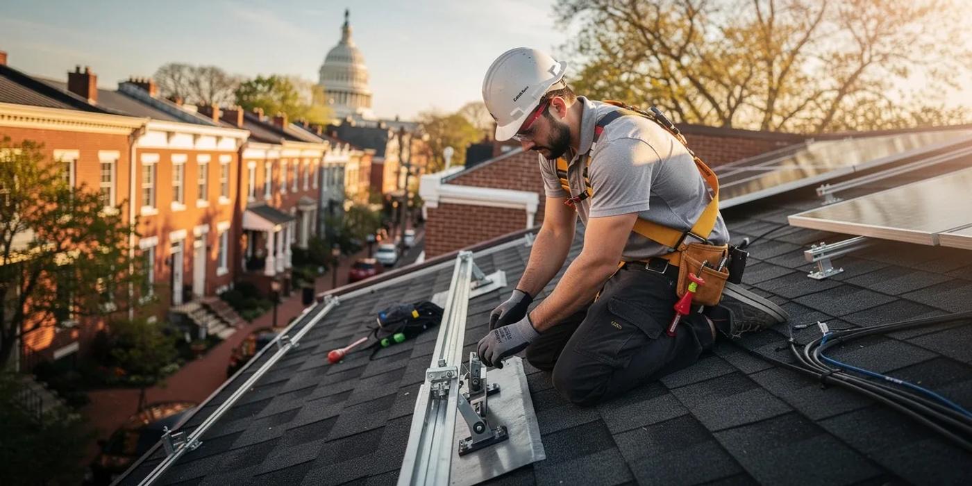 Solar installer on a DC rowhouse roof checking racking flashing during installation