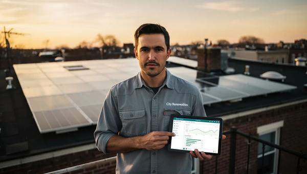 Solar installer reviewing post-installation monitoring data on a DC rooftop solar system