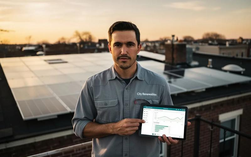 Solar installer reviewing post-installation monitoring data on a DC rooftop solar system