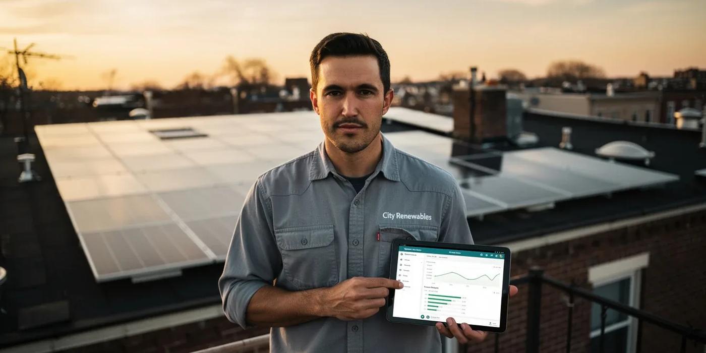 Solar installer reviewing post-installation monitoring data on a DC rooftop solar system
