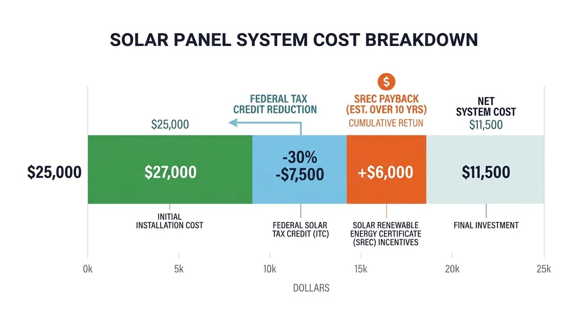 Solar panel cost breakdown chart for Washington DC homeowners showing price per watt and incentive savings