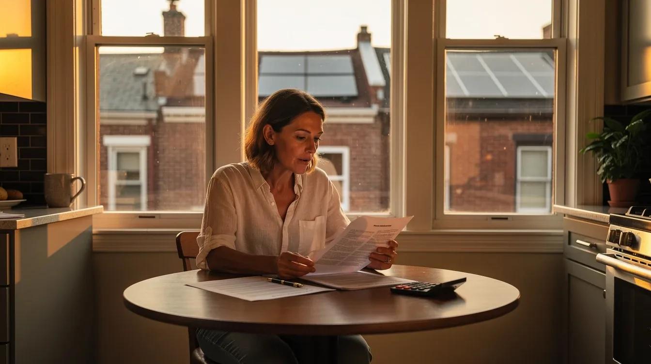 DC homeowner reviewing a solar installation proposal at a kitchen table in a brick row house, comparing printed quotes