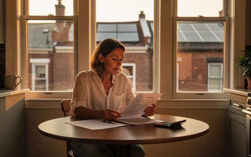 DC homeowner reviewing a solar installation proposal at a kitchen table in a brick row house, comparing printed quotes