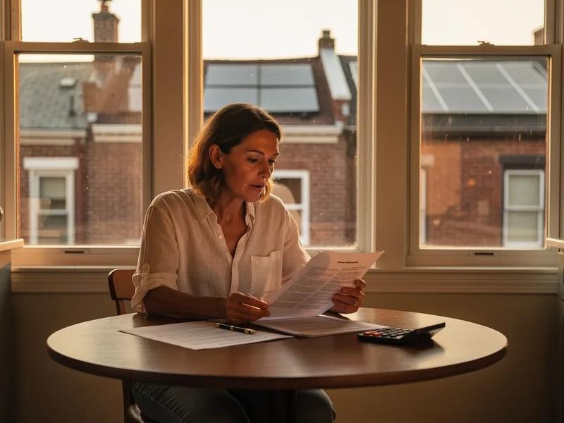 DC homeowner reviewing a solar installation proposal at a kitchen table in a brick row house, comparing printed quotes