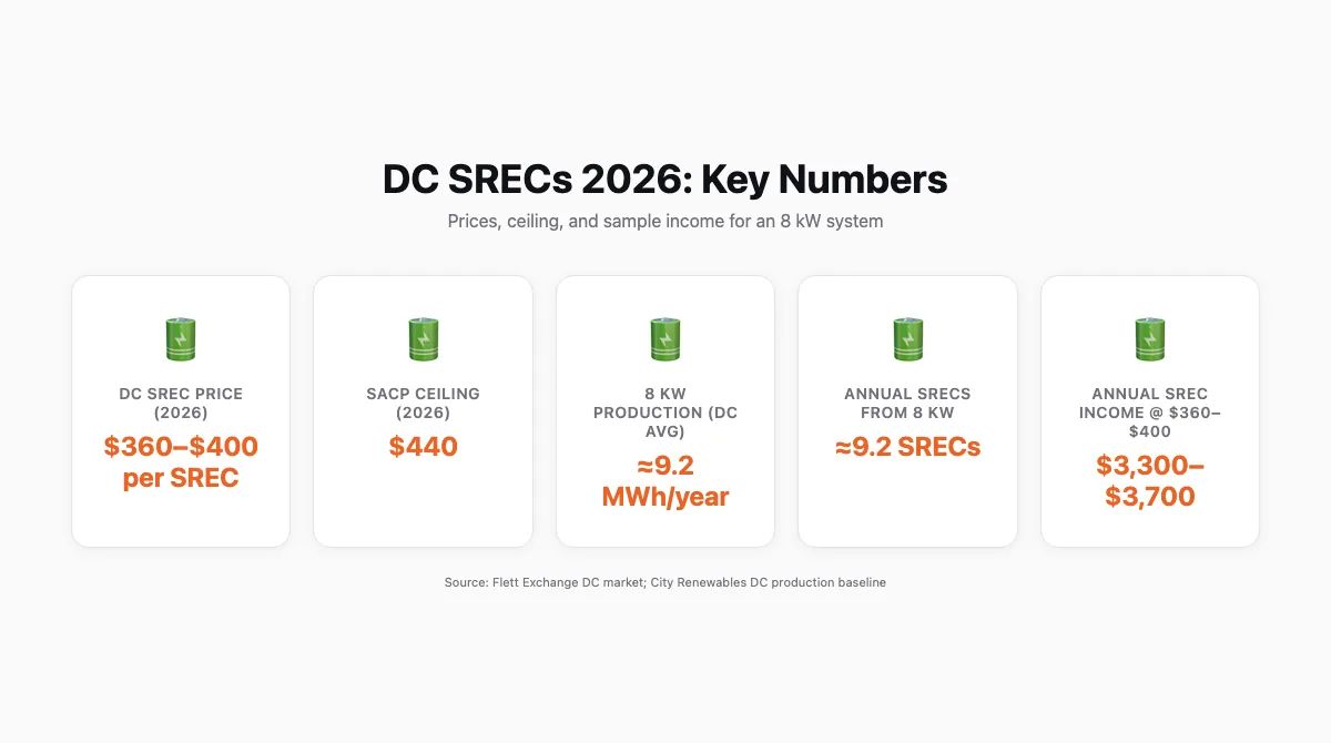Cards layout showing 2026 DC SREC price range, SACP ceiling, and example annual SREC income for an 8 kW system