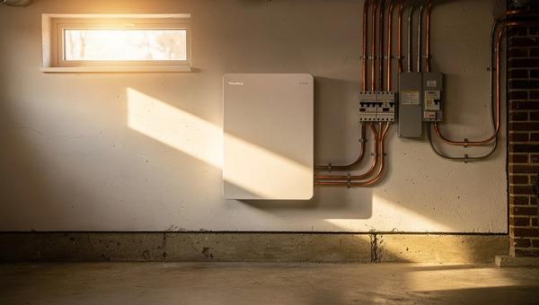 Home battery storage unit mounted on wall beside solar inverter in a Washington DC row house