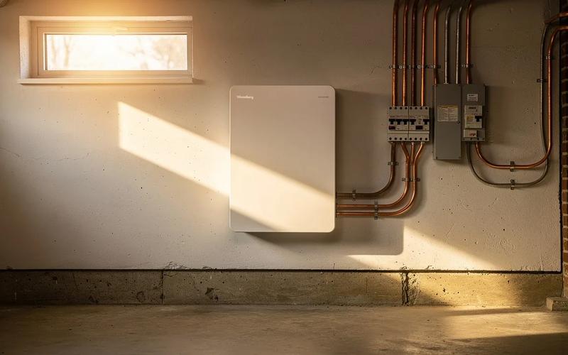 Home battery storage unit mounted on wall beside solar inverter in a Washington DC row house
