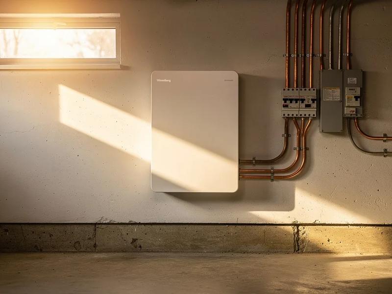 Home battery storage unit mounted on wall beside solar inverter in a Washington DC row house