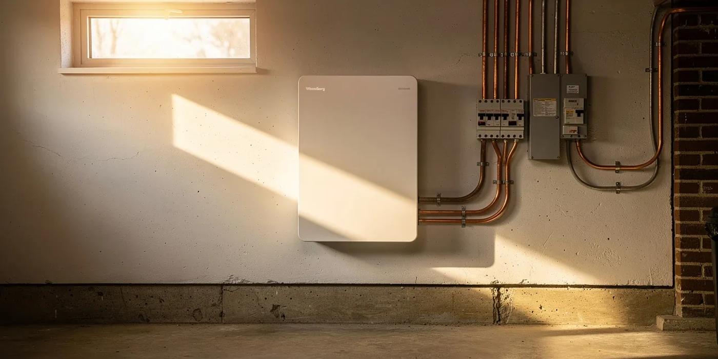 Home battery storage unit mounted on wall beside solar inverter in a Washington DC row house